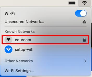macOS Wifi settings menu screen with highlighted option to select eduroam